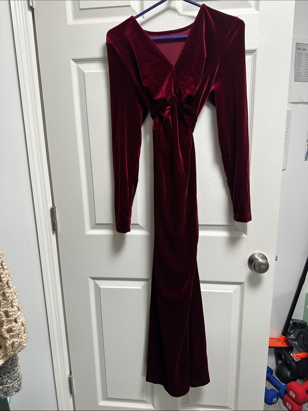 SHEIN Burgundy Velvet Long Sleeve Twist Front Maxi Dress